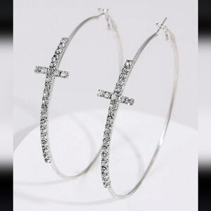 Silver Rhinestone Cross Hoop Earrings